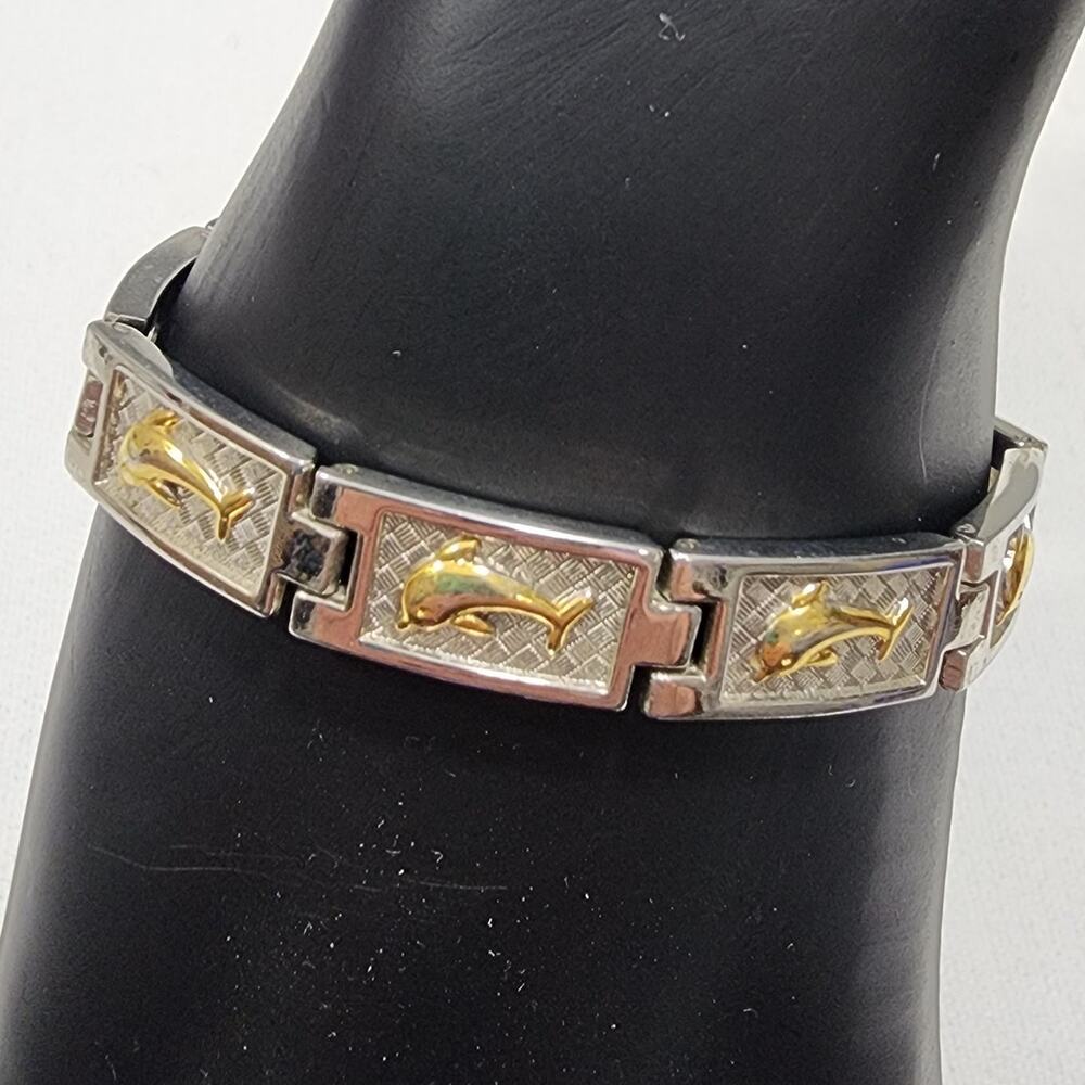 Magnetic Leaping Dolphin Bracelet SilverTone Link Gold Tone Accents Vintage 1980